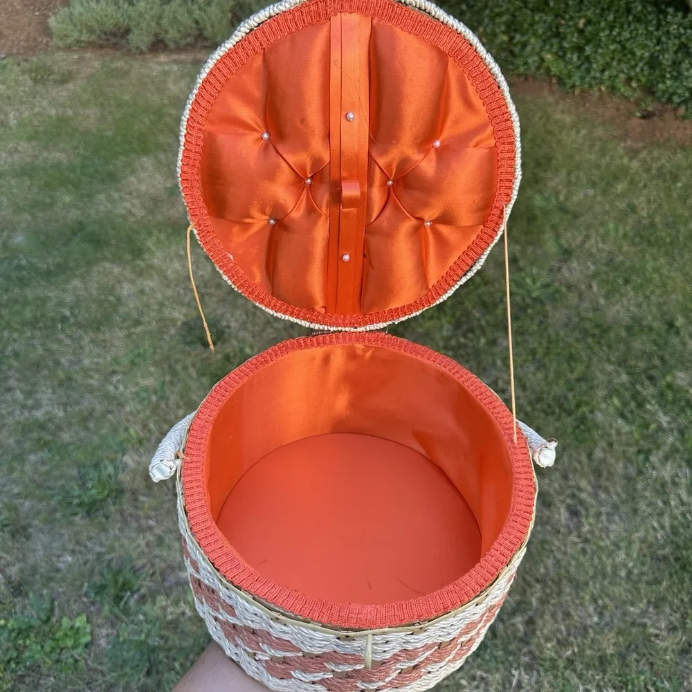 Vintage Wicker Sewing Basket Orange Satin Liner Japan Handle Woven Tapestry Lid